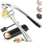 Kitchen Garlic Press, Rust Proof & Dishwasher Safe Garlic Mincer, Durable Garlic Crusher Set with Peeler＆Brush, Easy to Clean and Squeeze, Matte