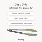 Starpack 'Get a Grip' Silicone Kitchen Tongs for Cooking 12 Inch - BBQ Silicone Tongs for Grill Heat Resistant to 600°F - Stainless Steel Utensils with Non Stick Rubber Tips for Serving Food