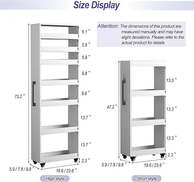 7-Tier Slim Storage Cart, Wooden Rolling Pantry Cabinet with Wheels, Narrow Shelf Organizer for Kitchen, Bakers Rack, Dining Room, Closet, Small Spaces Light Walnut 47.2" H*7.8" W*23.6" D