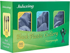 [300 Combo Box] Black Plastic Forks Spoons Knives Heavyweight Utensils Disposable Silverware Heavy Duty Cutlery Set