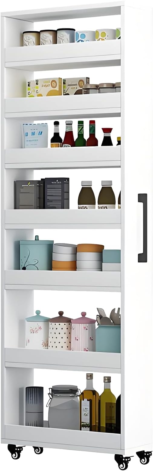 7-Tier Slim Storage Cart, Wooden Rolling Pantry Cabinet with Wheels, Narrow Shelf Organizer for Kitchen, Bakers Rack, Dining Room, Closet, Small Spaces Warm White 47.2" H*9.8" W*23.6" D