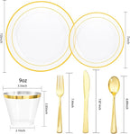 bUCLA 150Pcs Clear Gold Plastic Dinnerware Set - Clear and Gold Disposable Plates Include 25 Dinner / 25 Dessert Plates,25 Knives,25 Forks,25 Spoons,25 Cups for Party, Fall & Thanksgiving