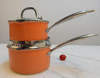Nonstick Ceramic Saucepan 2.5 Qt,Sauce Pot with Strainer Lid,Two Side Spouts for Easy Pour with Ergonomic Handle,Non Toxic,PTFE &PFOA Free - Oven Safe Compatible with All Stovetops,Perracotta