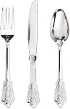 WDF 360 Pieces Silver Plastic Silverware- Disposable Flatware - Heavyweight Plastic Cutlery- Includes 120 Forks, 120 Spoons, 120 Knives for Christmas