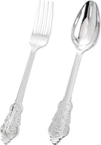 BUCLA 200PCS Silver Plastic Forks and Spoons - Plastic Silverware Baroque - Disposable Silverware Heavy Duty - 100PCS Silver Forks and 100PCS Spoons for Weddings, Christmas and Party
