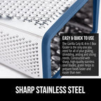 GORILLA GRIP 4-Sided 100% BPA-Free Cheese Grater With Container, Stainless Steel XL Box Graters, Parmesan Shredder, Grate Cheeses, Shred Veggies, Slip Resistant Handle, Dishwasher Safe Zester, Blue