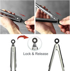 3-Piece Stainless Steel & Silicone Cooking Tongs Set - Black (7", "9", "12 inches) - Heat Resistant, Non-Stick, Locking Handle, Dishwasher Safe