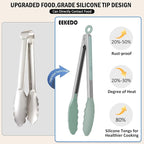 Kitchen Tongs, Set of 3 Stainless Steel Tongs with Silicone Tips Locking Cooking Tongs 600ºF Heat Resistant Tong for Cooking BBQ Grilling Air Fryer Serving Food Salads, 7"+9"+12" Light Green