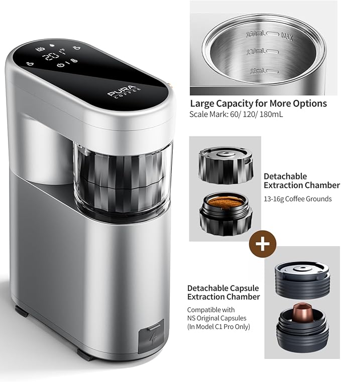 C1 Pro Portable Electric Coffee Machine, 20 Bar Travel Espresso Maker with Ground Coffee & NS Capsule, Rechargeable, Instant Heating, 6.1oz Water Tank for Car RV Camping Hiking Office Home