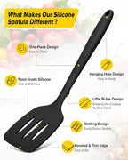 Pack of 2 Silicone Spatula Turners, Non Stick Slotted Kitchen Spatula Set, Heat Resistant BPA Free Kitchen Utensils, One-Piece Design, Suitable for Flipping Fish, Eggs, Steak, Pancakes(BLACK)