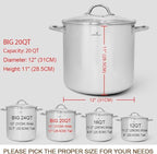 HOMICHEF Commercial Grade LARGE STOCK POT 20 Quart With Lid - Nickel Free Stainless Steel Cookware - Healthy Polished Stockpots - Heavy Duty Induction Soup Pot