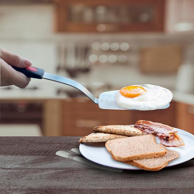 Stainless Steel Flexible Spatula Solid Turner, XiaoZu Thin Metal Spatula for Cast Iron Skillet, Thin Blade and Heat Resistant Silicone Handle, Great for Egg, Cookie, Meat, Crep, Medium + Large
