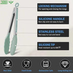Kitchen Tongs, Stainless Steel Silicone Tongs for Cooking 600ºF High Heat-Resistant BBQ Grilling Locking Tongs, Set of 2-9" and 12" Light Green