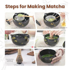 Matcha Whisk Set, Ceramic Bowl with Spout, Matcha Whisk & Holder, Bamboo Scoop & Spoon, Scoop Rest, Sifter, Towel, 8 Pcs Complete Kit for Tea Ceremony, Gift for Friend/Family(Black)
