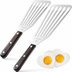 2 Pack Fish Spatula Stainless Steel，Flexible Metal Spatula Perfect for Flipping Eggs, Burgers and Baking, Durable Lightweight Kitchen Slotted Turner for Cooking & BBQ [Wooden Handle]