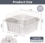 200 Pack 10 oz Silver Mini Aluminum Cake Pans with Lids and Spoons, Disposable Square Baking Cups, Oven Safe Foil Ramekins for Individual Desserts, Cupcakes, Cheesecakes Ramekins Muffin