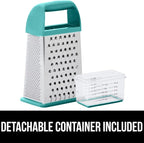 GORILLA GRIP 4-Sided 100% BPA-Free Cheese Grater With Container, Stainless Steel Box Graters, Parmesan Shredder, Grate Cheeses, Shred Veggies, Slip Resistant Handle, Dishwasher Safe Zester, Turquoise