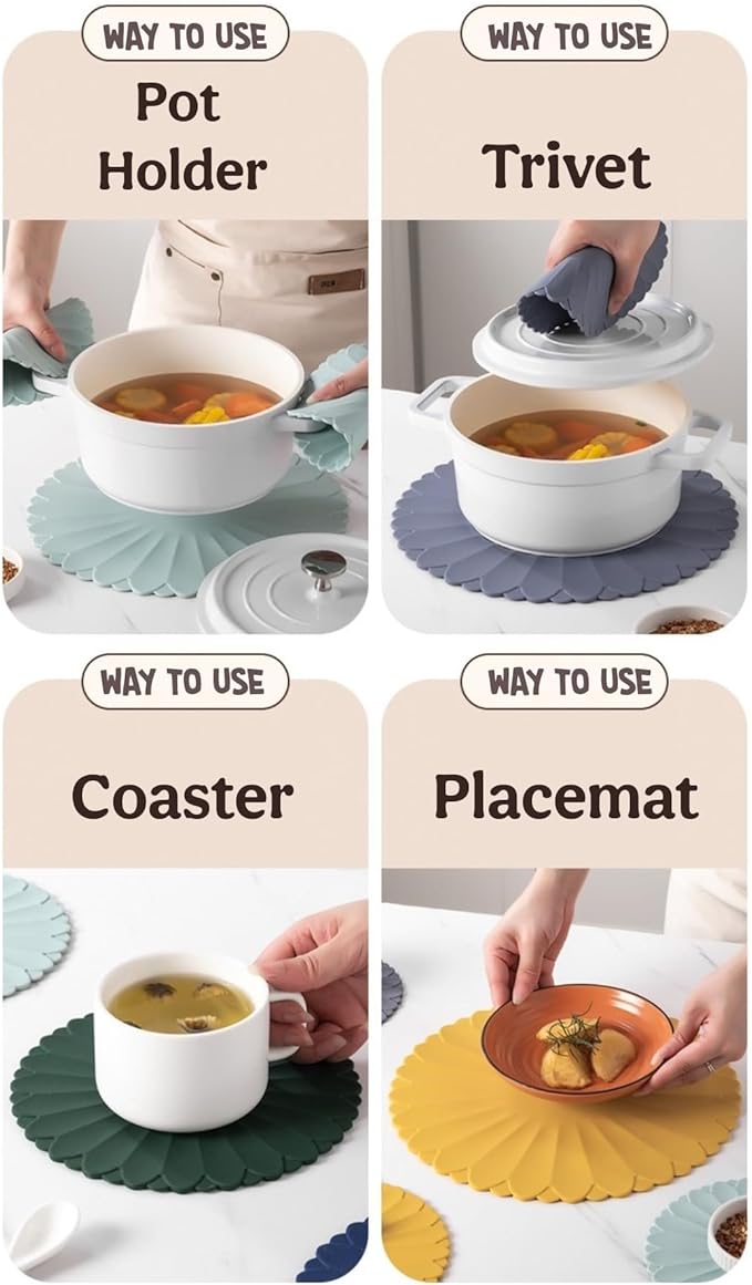 Heat-Resistant Silicone Trivet Mats, Non-Slip Hot Plate Holder for Kitchen Countertops & Dining Table, Reusable Pot Holder Pad with Secure Grip, Dishwasher Safe (Blue, Diameter: 18cm/7.09")