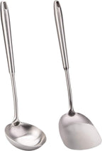 FJNATINH Wok Spatula and Soup Ladle Set - 304 Stainless Steel Wok Utensil Tools Set, 2 Pieces All Metal Cooking Kitchen Utensils,Chinese Wok Accessories for Cast Iron/Carbon Steel Wok