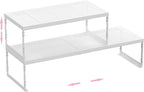 Stackable Expandable Metal Shelf Organizer - Adjustable Wire Storage Rack with Holes for Kitchen, Bathroom, Cabinet, Office - Space Saving, Durable & Sturdy Design（2PACKS/Large/White