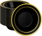100 Pack Black Disposable Bowls with Gold Rim, 12oz Black Plastic Soup Bowls for Party, Wedding, Holiday,And Halloween
