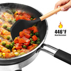 Silicone Cooking Utensils Set - 446°F Heat Resistant Silicone Kitchen Utensils for Cooking,Kitchen Utensil Spatula Set w Wooden Handles and Holder, BPA FREE Gadgets for Non-Stick Cookware (Black)