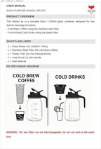 Cold Brew Coffee Maker 64OZ Marson Jars Wide Mouth Glass Picther Spout Lid with Stainless Steel Filter,Leakproof Maker for Iced Tea,Espresso,Lemonade-Black