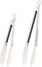 TeamFar Kitchen Tongs, 9" and 12" Stainless Steel Cooking Tongs with Silicone Tips for Cooking Grilling Serving & BBQ, Heat Resistant Silicone Tongs, Locking Design & Dishwasher Safe, Set of 2 & White