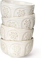 Artena Small Bowls Set of 4, 12 oz Ceramic Embossment Dessert Bowls, white Bowl for Kitchen, Ice Cream, Side Dishes, Rice, Cereal, Fruit, 4.5 Inch, Microwave & Dishwasher Safe, Pinwheel Flower