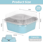 200 Pack 10 oz Square Mini Cake Pans with Lids, Mini Loaf Pans with Lids, Aluminum Foil Square Brownie Baking Cups for Ramekins Muffin Cupcake Wedding Birthday Party (Blue)