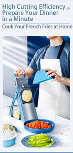 New Upgrade Safe Mandoline Slicer Plus, Biger Size, Adjustable Vegetable Food Chopper Potato Fries Cutter, Detachable Blade, Kitchen Chopping Artifact with Container. Blue