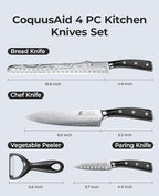 Essential 4-Piece Kitchen Knife Set,Sharp German Steel Knives Sets(Chef's Knife, Paring Knife, Bread Knife + Peeler) for Home Cooking BBQ,Gift Box included