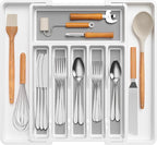 Lifewit Silverware Drawer Organizer, Expandable Utensil Tray with Non-Slip TPR, Deep Flatware Cutlery Holder, Adjustable Plastic Kitchen Storage for Spoons Forks Knives, Large, White and Gray
