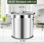 Stainless Steel Stockpot – 40QT Stock Pot with Lid, Heavy-Duty Tri-Ply Bottom Cooking Pot for Canning, Boiling Beer Brewing, Soup, Seafood Boil – Satin Finish Stainless Steel Soup Pot