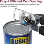 Can Opener Manual 2-in-1 with Magnet, Hand Held Can Openers with Stainless Steel Sharp Blade (Smooth Cut), Large Effortless Turn Knob, Non-Slip Soft Rubber Handle, Built-Bottle Openers, Black