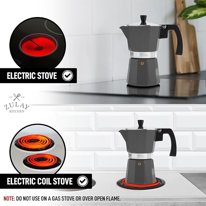 Zulay Classic Italian Style 6 Espresso Cup Moka Pot, Classic Stovetop Espresso Maker for Great Flavored Strong Espresso, Makes Delicious Coffee, Easy to Operate & Quick Cleanup Pot (Dark Gray)