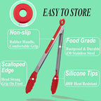 HST Tongs for Cooking with Silicone Tips(3 Pack), Non Stick Kitchen Tongs with Silicone Tip for Cooking BBQ Baking (12", Red)