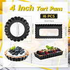 Tessco 16 Pieces Mini Tart Pans with Removable Bottom Nonstick Quiche Mini Pie Tart Pans Bakeware Mold Fluted Side for Pies(Black Round and Rectangle,4 Inch and 4.33 x 2.36 x 0.79 Inch)
