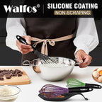 Walfos Silicone Whisk With 8in Rest,Whisks for Cooking Non Scratch,7.5+9+11in Whisk for Nonstick Cookware,Dishwasher Safe,Rest for Kitchen Counter Wisk Perfect for Blending, Baking, Beating, Set of 4