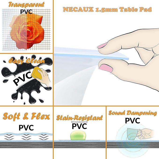 NECAUX Custom 60 x 87 Inch Clear Table Cover Protector, 1.5mm Thick Wood Grain Transparent Table Pad Non-Slip Tablecloth Plastic Protective Pad for Dining Room Table, Conference Table