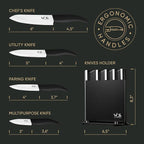 Vos Ceramic Knife Set with Block, Ceramic Knives Set For Kitchen, Ultra Sharp Kitchen Knife Set with Covers, 3" 4" 5" 6" Chef Knife, Utility, Paring & Versatile, Lightweight, Dishwasher safe (Black)