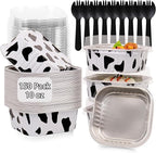 FORBFAN 150 Pcs Mini Square Baking Cups with Lids, 10 oz Mini Aluminum Cake Pans with Spoons, Small Baking Tins Cow Print
