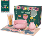 Matcha Whisk Set - 7pcs Japanese Tea Ceremony Kit with Spouted Bowl & Bamboo Whisk, Matcha Starter Kit for Beginners - Authentic Green Tea Accessories, Gift Set for Lovers-Pink