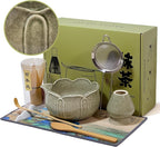 Matcha Whisk Set with Ceramic Bowl - Bamboo Whisk (Chasen), Scoop, Sifter & Holder - Complete Kit for Traditional Matcha Tea - Unique Gifts for Tea Lovers (Celadon Lotusl)