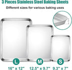 TeamFar Baking Sheet Set of 3, 16/12.5/9.3 Inch Stainless Steel Cookie Sheets Baking Pans, Metal Oven Baking Tray for Cooking Roasting Serving, Non-Toxic & Mirror Finish & Dishwasher Safe