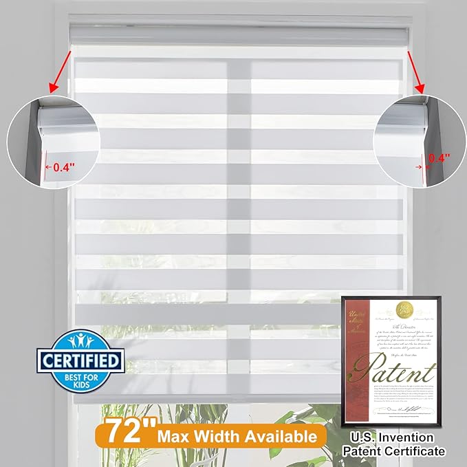 Persilux Zebra Shades for Windows, Cordless Window Treatments(43" W x 72" H, White) Light Filtering Dual Layer Roller Window Shades Light Filtering Sheer Shades for Home, Office