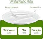 PLASTICPRO 9 inch Round Plastic Plates 3 Compartment - 3 Section Plates Microwaveable, Disposable, White, Dinnerware 200 Count
