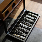Knife Display Case Organizer storage 8 pocket knives, Folding Knife Holder with Real Glass Window Top， Pocket knife collection box for men gift (Ebony Veneer 8 slot)