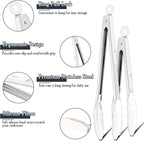 TeamFar Kitchen Tongs, 9" and 12" Stainless Steel Cooking Tongs with Silicone Tips for Cooking Grilling Serving & BBQ, Heat Resistant Silicone Tongs, Locking Design & Dishwasher Safe, Set of 2 & White