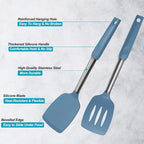 2 Pack Spatulas, Solid & Slotted Silicone Spatula Set, Stainless Steel Handle Coated with Silicone, Non Stick, Heat Resistant Rubber Flipper for Fish, Eggs, Pancakes, WOK, Starry Blue